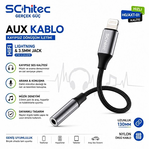 ScHitec HG/AXT-01 Lightning to 3.5MM 10CM AUX Dönüştürücü Siyah