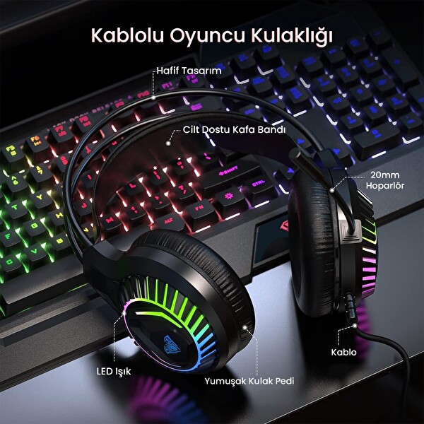 Aula T650 4 in 1 Gaming Set RGB Kablolu Membran Klavye 3600 DPI Mouse Mikrofonlu Oyuncu Kulaklığı Mousepad