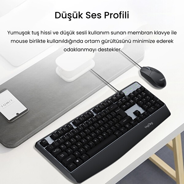 VegGieg MK500A Ergonomik Kablolu Türkçe Q Klavye Mouse Seti Siyah