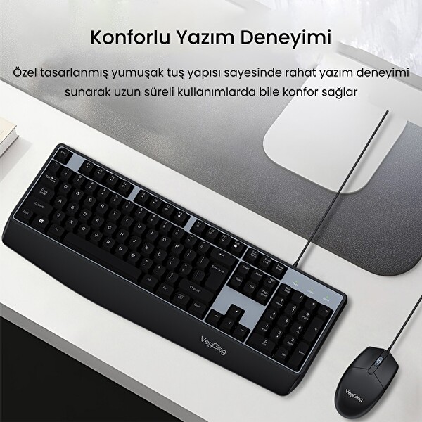 VegGieg MK500A Ergonomik Kablolu Türkçe Q Klavye Mouse Seti Siyah