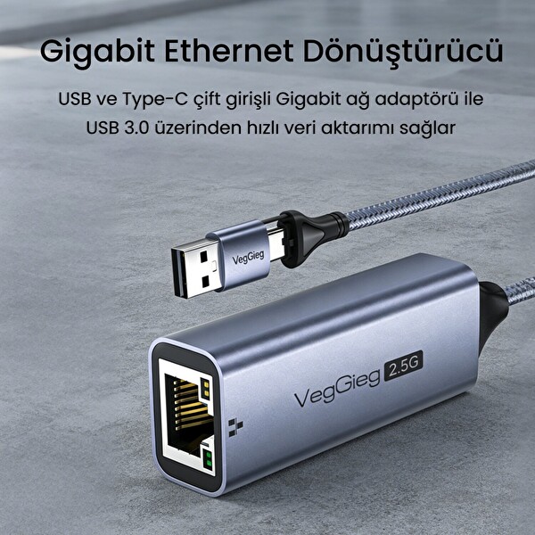 VegGieg USB-A ve Type-C 2.5G Gigabit Ethernet Dönüştürücü Ağ Adaptörü