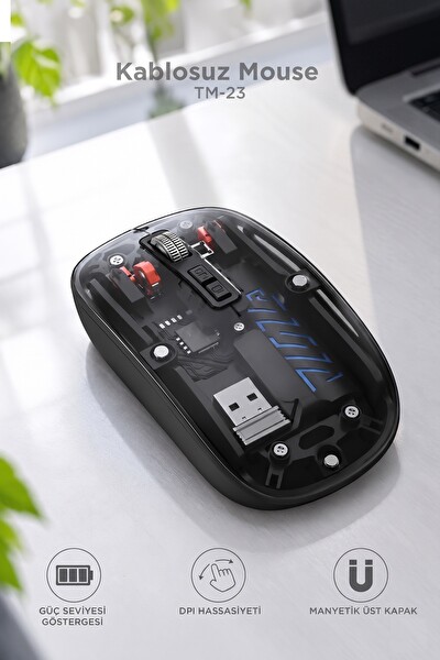 Başkenttekno Şeffaf Çift Modlu Fare Bluetooth 5.2 - 2.4G Kablosuz Mouse TM23 Siyah