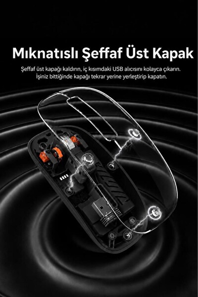 Başkenttekno Şeffaf Çift Modlu Fare Bluetooth 5.2 - 2.4G Kablosuz Mouse TM23 Siyah