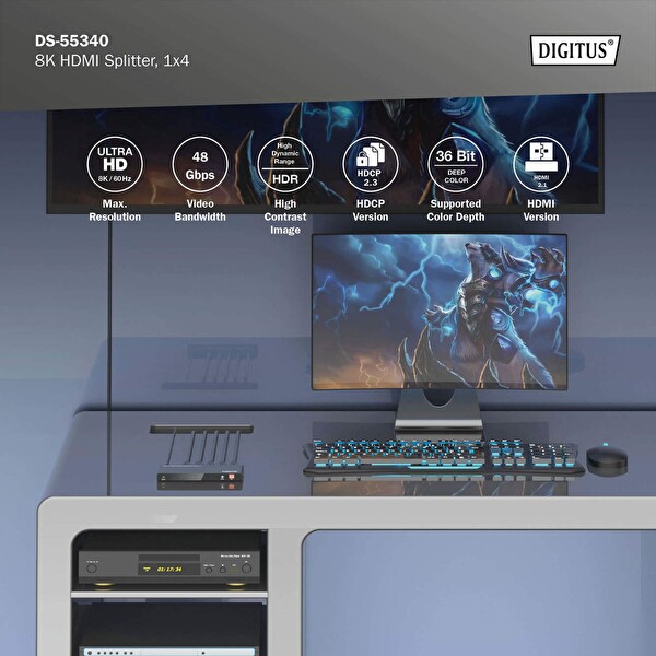 Digitus 1x4 8K/60Hz (4:4:4) Toslink Stereo EDID Kontrolü HDMI Splitters Ayırıcı