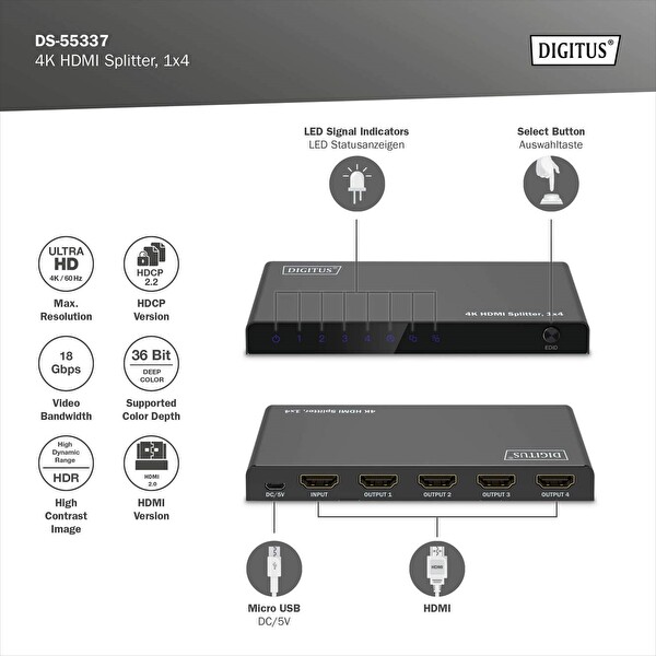 Digitus 1x4 4K/60Hz HDCP 2.3 EDID Kontrolü HDMI Splitter Ayırıcı