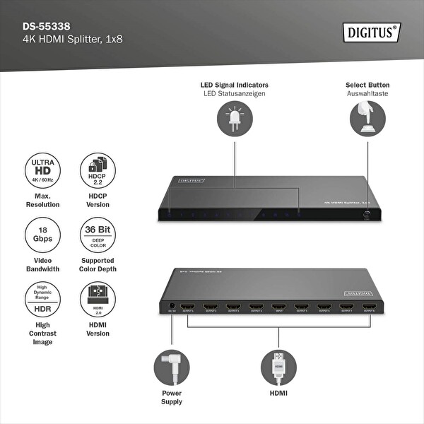 Digitus 1x8 4K/60Hz HDCP 2.3 EDID Kontrolü HDMI Splitter Ayırıcı