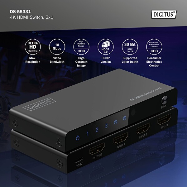 Digitus 3x1 4K/60Hz HDCP 2.2 Kumandalı Geçiş Kontrolü HDMI Switch