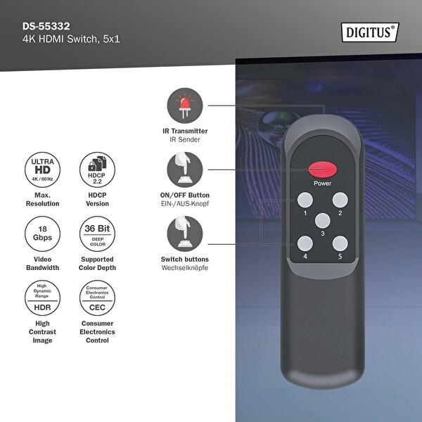 Digitus 5x1 4K/60Hz HDCP 2.2 Kumandalı Geçiş Kontrolü HDMI Switch