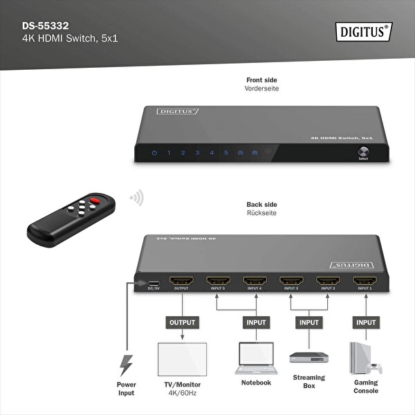 Digitus 5x1 4K/60Hz HDCP 2.2 Kumandalı Geçiş Kontrolü HDMI Switch
