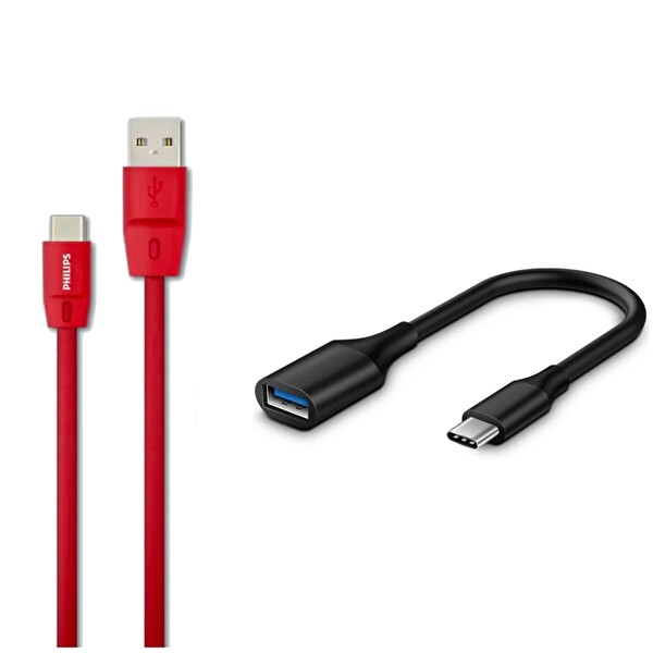Philips 5A 100W UsbA to Type-C 1.8 M Hızlı Şarj ve Data Kablosu ve ScHitec Type-C to UsbA 3.0 OTG Dönüştürücü Adaptör