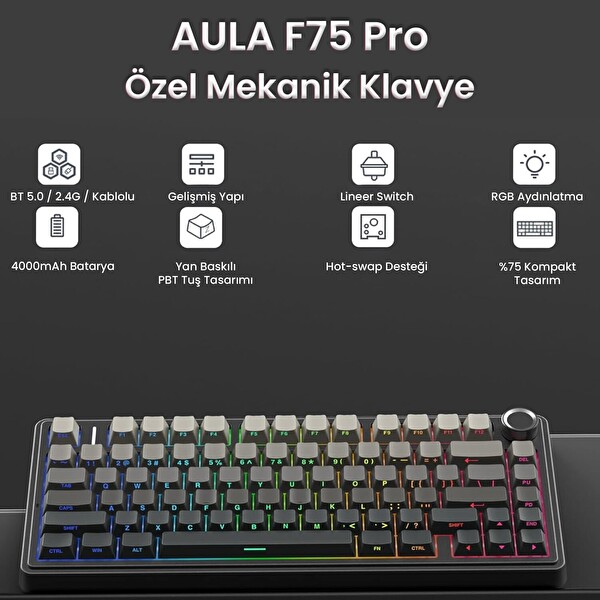 Aula F75 Mekanik RGB TKL Reaper Dönüştürücü Kablosuz Makrolu Oyuncu Klavye Gradyan Gri