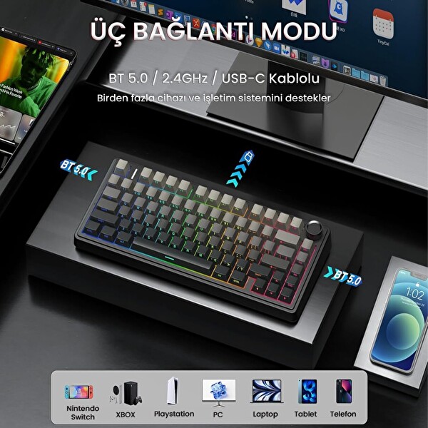 Aula F75 Mekanik RGB TKL Reaper Dönüştürücü Kablosuz Makrolu Oyuncu Klavye Gradyan Gri
