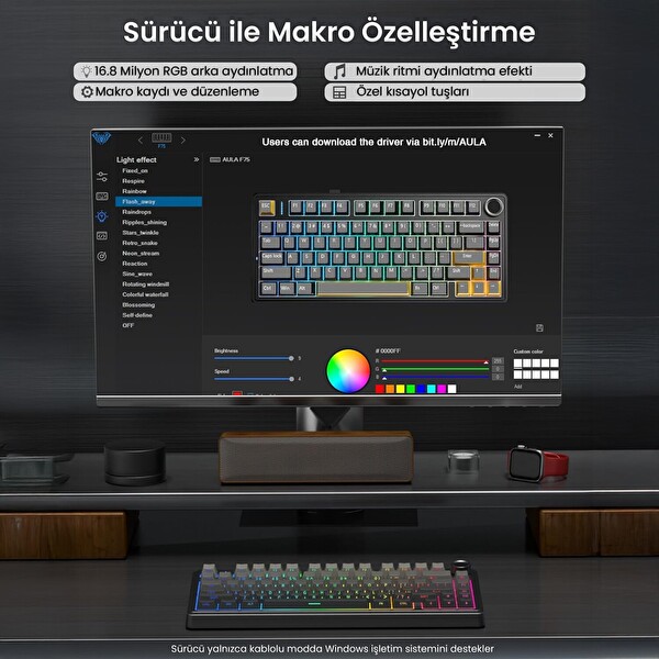 Aula F75 Mekanik RGB TKL Reaper Dönüştürücü Kablosuz Makrolu Oyuncu Klavye Gradyan Gri