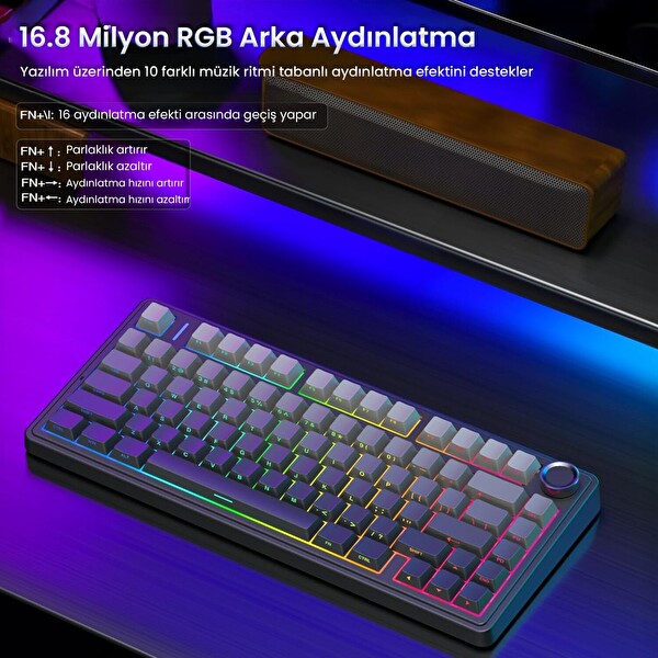Aula F75 Mekanik RGB TKL Reaper Dönüştürücü Kablosuz Makrolu Oyuncu Klavye Gradyan Gri