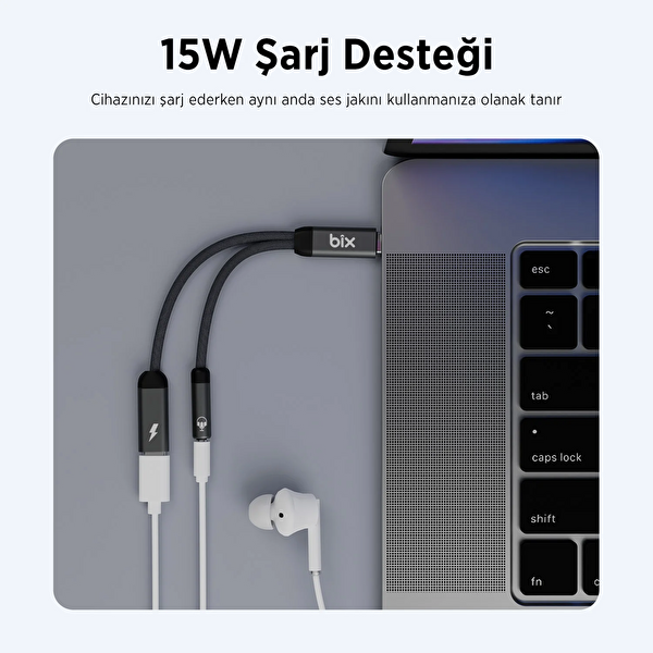 Bix ADP-12 Type-C to 3.5 MM Kulaklık ve 15W Type-C Şarj Adaptörü