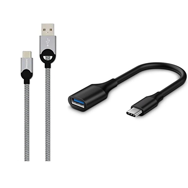Philips 5A 100W UsbA to Type-C Örgülü 1.2M Hızlı Şarj Data Kablosu ve ScHitec Type-C to UsbA 3.0 OTG Dönüştürücü Adaptör