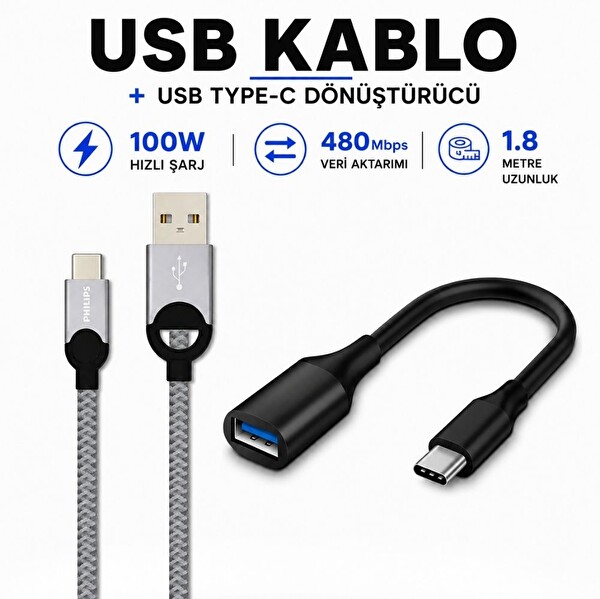 Philips 5A 100W UsbA to Type-C Örgülü 1.2M Hızlı Şarj Data Kablosu ve ScHitec Type-C to UsbA 3.0 OTG Dönüştürücü Adaptör