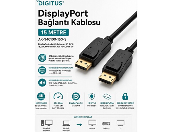 Digitus Displayport 15 M Full HD Bağlantı Kablosu