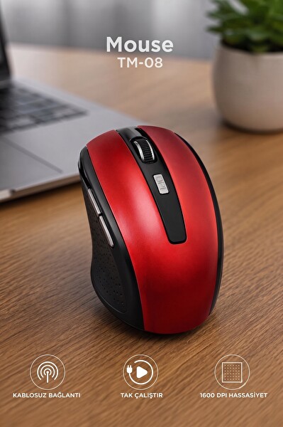 Başkenttekno TM08 Mouse Yan Tuşlu Optik Kablosuz Fare Kırmızı