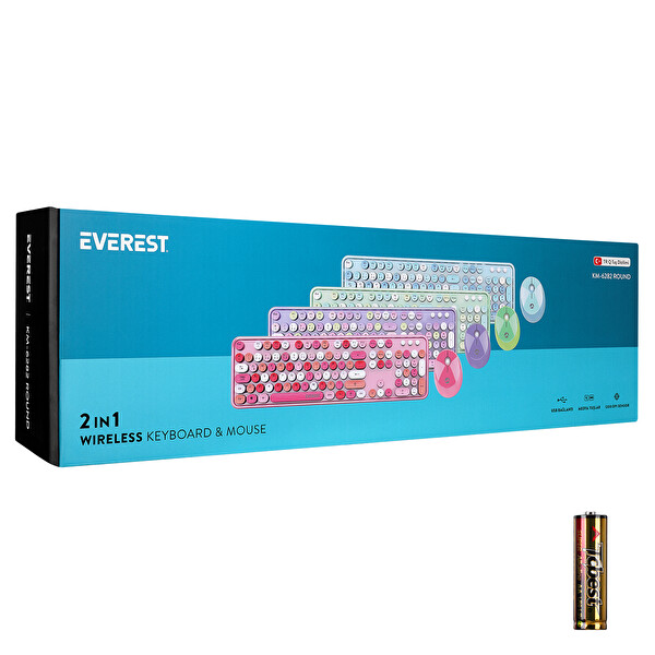 Everest Round KM-6282 Renkli Tuşlu Mavi Kablosuz Q Multimedia Klavye ve Mouse Set
