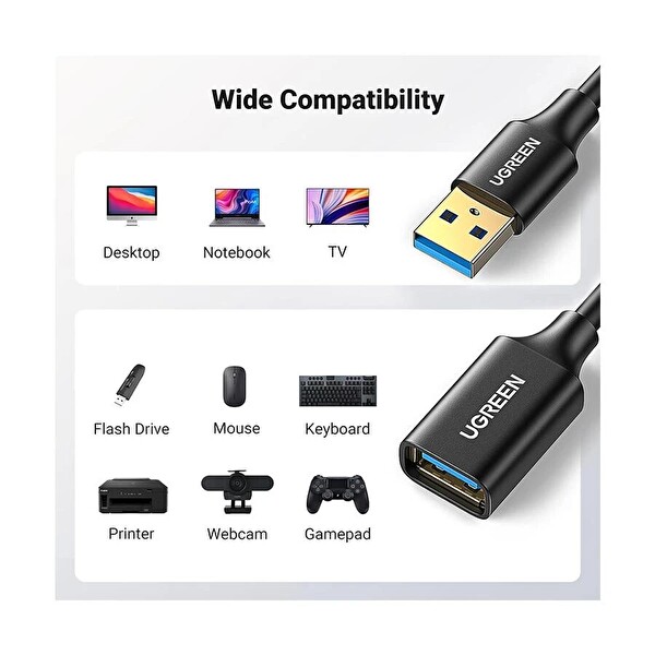 Ugreen US129 USB-A Erkek - USB-A Dişi USB 3.0 5Gbps Veri Aktarım Uzatma Kablosu Siyah 5 M