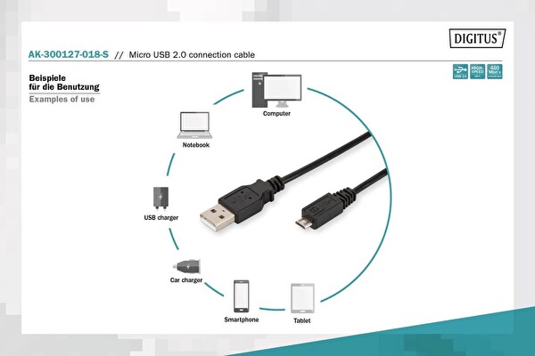 Digitus Tip A - Mikro B St-St 1.8 M USB 2.0 Uyumlu Siyah USB Bağlantı Kablosu