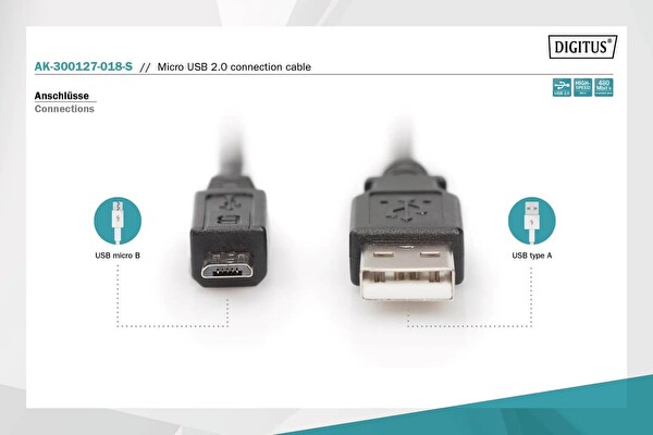 Digitus Tip A - Mikro B St-St 1.8 M USB 2.0 Uyumlu Siyah USB Bağlantı Kablosu