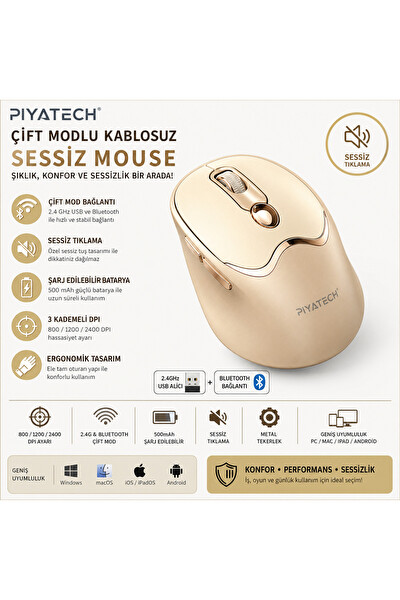 Piyatech XK-M02 Şarj Edilebilir Sessiz Kablosuz Mouse Bluetooth 2.4 GHz Çift Mod Altın