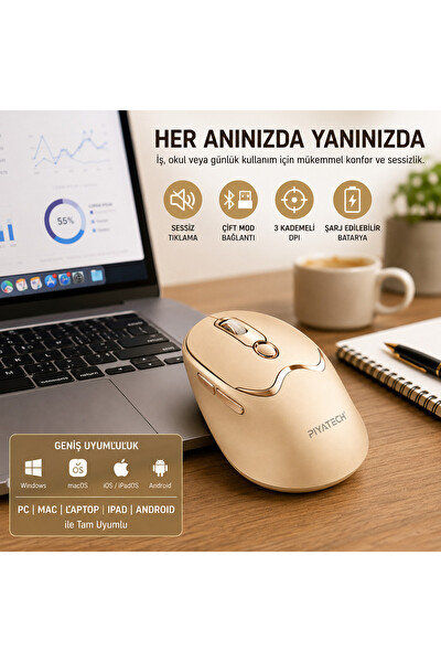 Piyatech XK-M02 Şarj Edilebilir Sessiz Kablosuz Mouse Bluetooth 2.4 GHz Çift Mod Altın