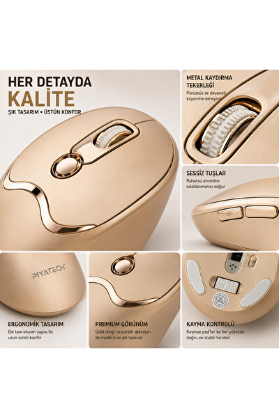 Piyatech XK-M02 Şarj Edilebilir Sessiz Kablosuz Mouse Bluetooth 2.4 GHz Çift Mod Altın