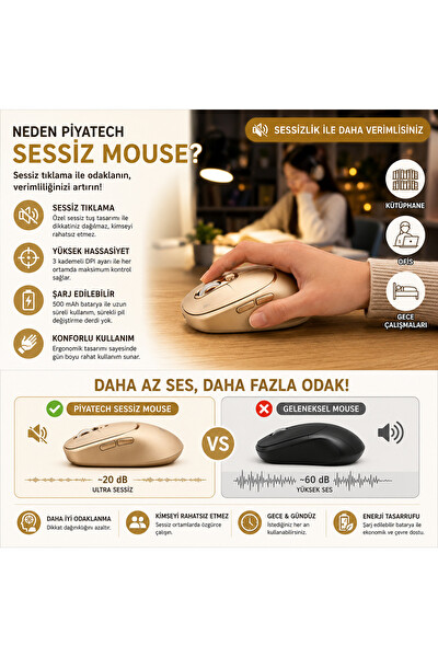 Piyatech XK-M02 Şarj Edilebilir Sessiz Kablosuz Mouse Bluetooth 2.4 GHz Çift Mod Altın