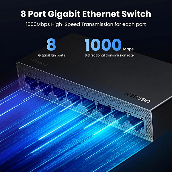 Ugreen 35499 CM834 8 Port 10-100-1000Mbps Gigabit PC-ABS Gövde Ethernet Anahtarı