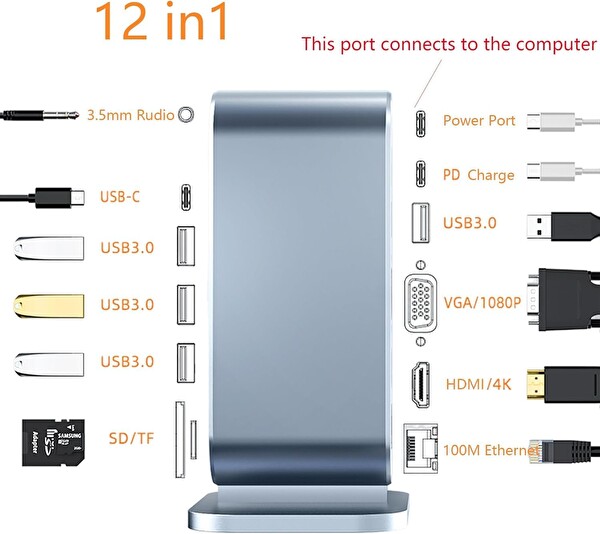 Blue Wings Type-C Support 4 K 12 In 1 Dock Model Pd Station 12'si 1 Arada Dock HDMI 4k 100MBPS Et Çoklayıcı Dönüştürücü Çevirici