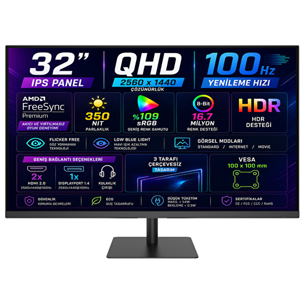 KTC H32T13 32” 5ms 100 Hz HDMI+DisplayPort AMD FreeSync 2K QHD 2560x1440 IPS Panel Monitör