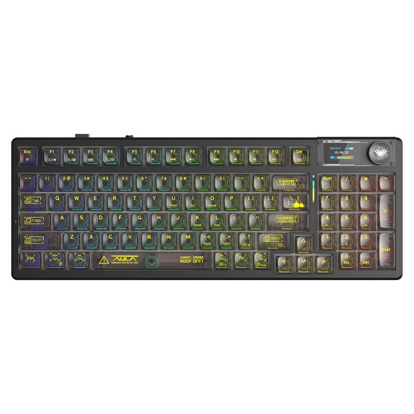 Aula F98 Pro V3 OLED Ekranlı RGB Mekanik Kablosuz Kristal Anahtarlı Hot Swap Gasket Makrolu Şeffaf Siyah Oyuncu Klavyesi