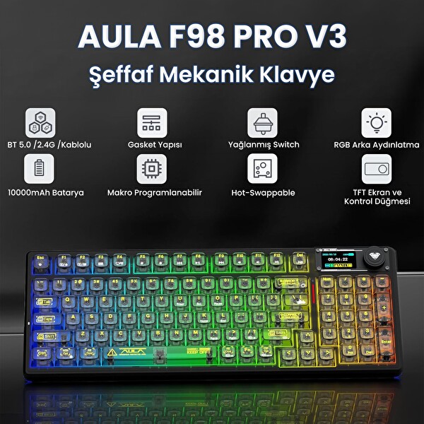 Aula F98 Pro V3 OLED Ekranlı RGB Mekanik Kablosuz Kristal Anahtarlı Hot Swap Gasket Makrolu Şeffaf Siyah Oyuncu Klavyesi