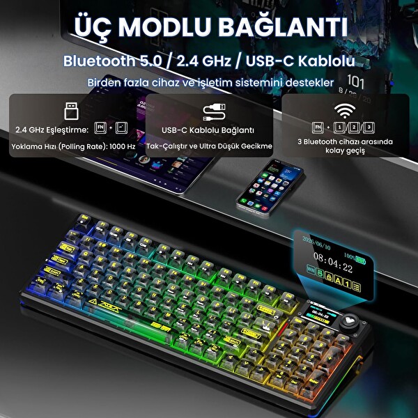 Aula F98 Pro V3 OLED Ekranlı RGB Mekanik Kablosuz Kristal Anahtarlı Hot Swap Gasket Makrolu Şeffaf Siyah Oyuncu Klavyesi