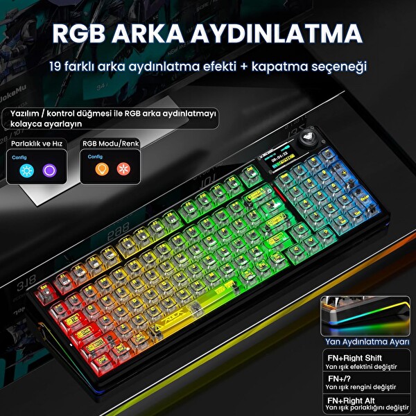 Aula F98 Pro V3 OLED Ekranlı RGB Mekanik Kablosuz Kristal Anahtarlı Hot Swap Gasket Makrolu Şeffaf Siyah Oyuncu Klavyesi