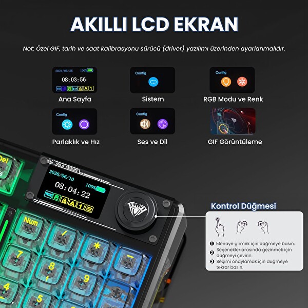 Aula F98 Pro V3 OLED Ekranlı RGB Mekanik Kablosuz Kristal Anahtarlı Hot Swap Gasket Makrolu Şeffaf Siyah Oyuncu Klavyesi