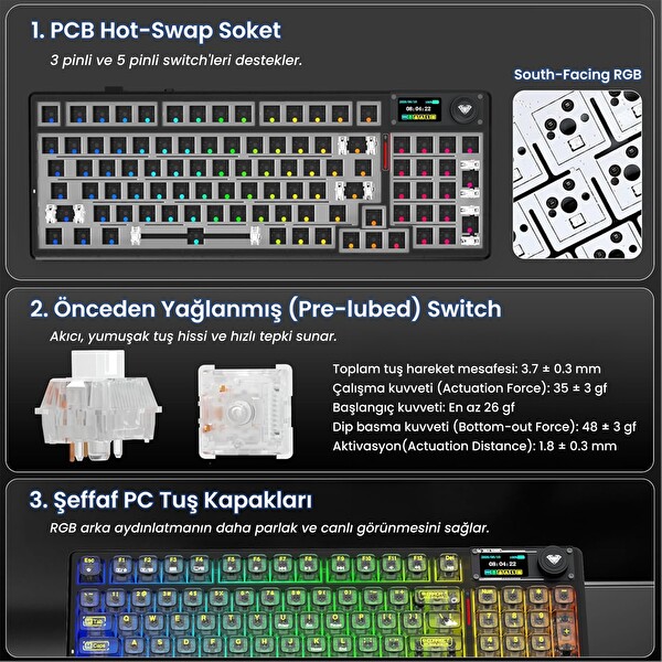 Aula F98 Pro V3 OLED Ekranlı RGB Mekanik Kablosuz Kristal Anahtarlı Hot Swap Gasket Makrolu Şeffaf Siyah Oyuncu Klavyesi