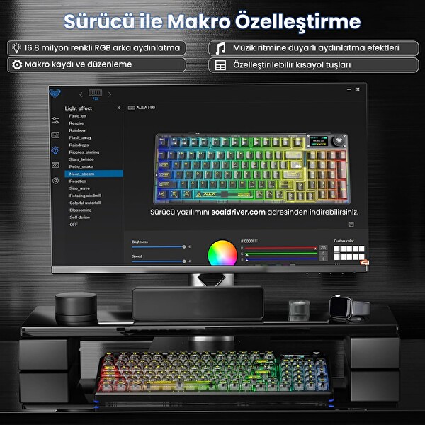 Aula F98 Pro V3 OLED Ekranlı RGB Mekanik Kablosuz Kristal Anahtarlı Hot Swap Gasket Makrolu Şeffaf Siyah Oyuncu Klavyesi