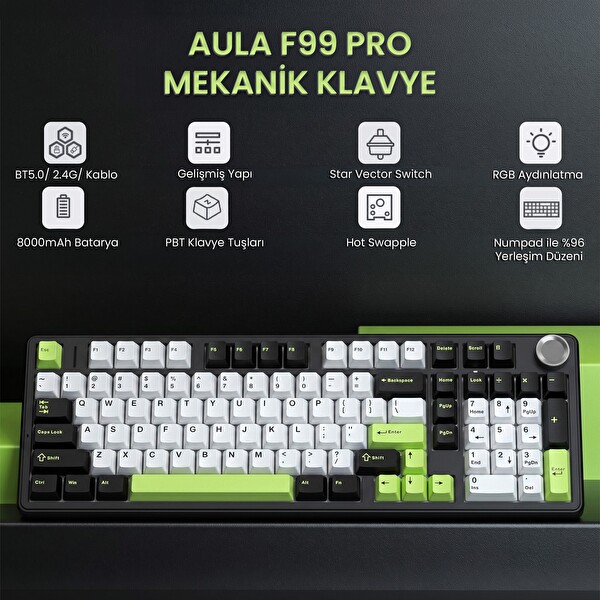 Aula F99 Pro 3 Modlu RGB Hot Swap Mekanik Yıldız Vektör Anahtarlı Kablosuz Makrolu Klavye Yeşil