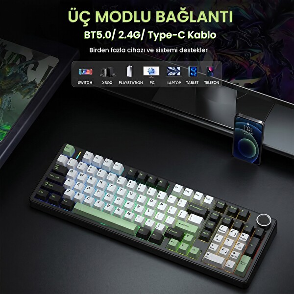Aula F99 Pro 3 Modlu RGB Hot Swap Mekanik Yıldız Vektör Anahtarlı Kablosuz Makrolu Klavye Yeşil
