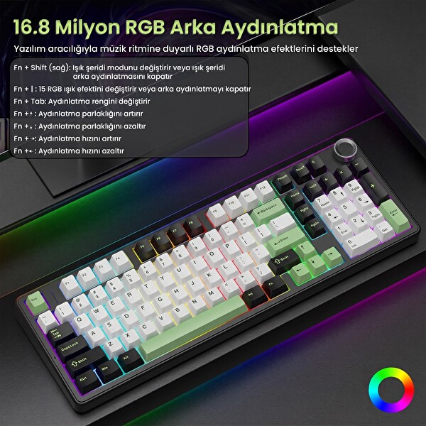 Aula F99 Pro 3 Modlu RGB Hot Swap Mekanik Yıldız Vektör Anahtarlı Kablosuz Makrolu Klavye Yeşil