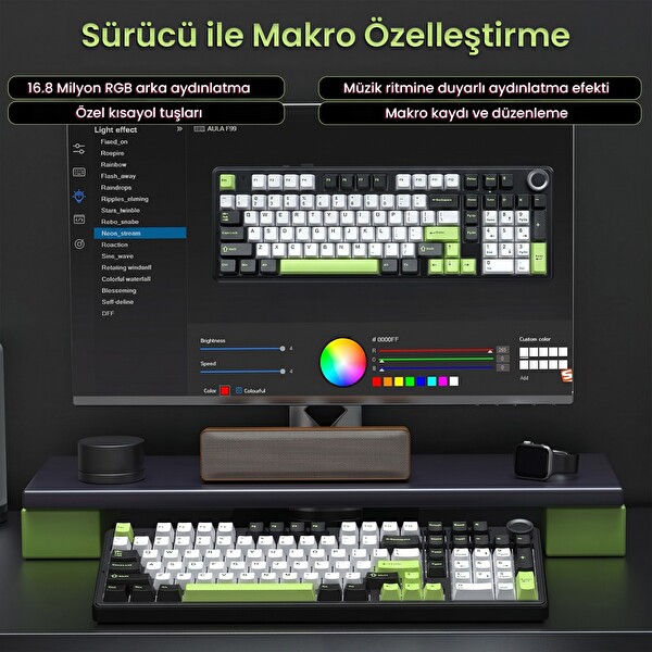 Aula F99 Pro 3 Modlu RGB Hot Swap Mekanik Yıldız Vektör Anahtarlı Kablosuz Makrolu Klavye Yeşil