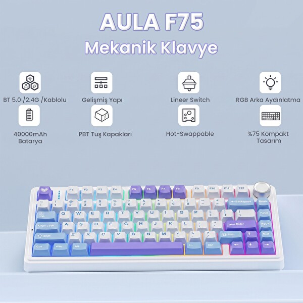 Aula F75 Mekanik RGB TKL Yıldız Vektör Anahtarlı Kablosuz Makrolu Hot Swap Klavye Mor