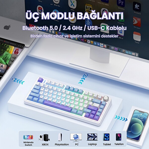 Aula F75 Mekanik RGB TKL Yıldız Vektör Anahtarlı Kablosuz Makrolu Hot Swap Klavye Mor