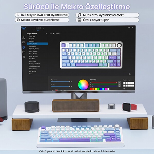 Aula F75 Mekanik RGB TKL Yıldız Vektör Anahtarlı Kablosuz Makrolu Hot Swap Klavye Mor