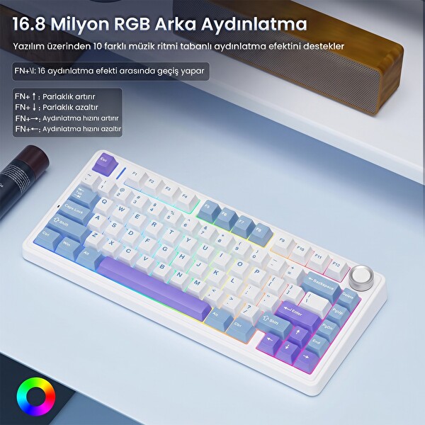 Aula F75 Mekanik RGB TKL Yıldız Vektör Anahtarlı Kablosuz Makrolu Hot Swap Klavye Mor