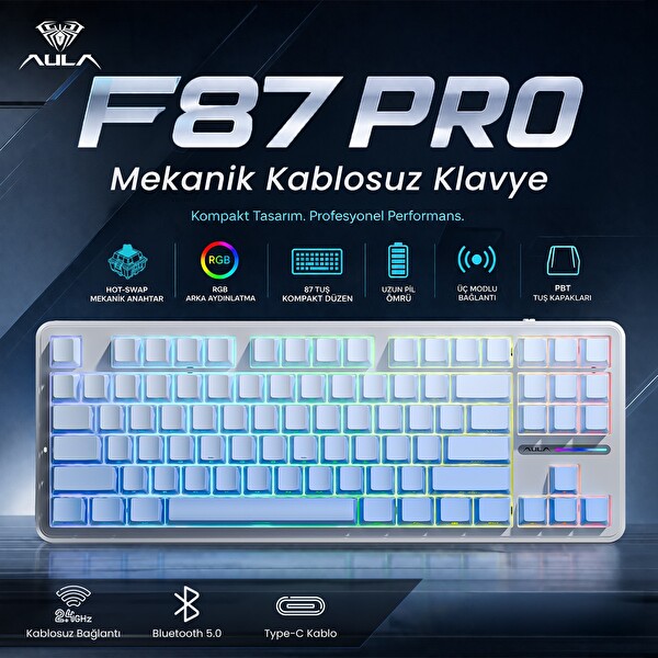 Aula F87 PRO Mekanik RGB TKL GrayWood V4 Anahtar Kablosuz Makrolu Hot Swap Klavye Gradyan Mavi